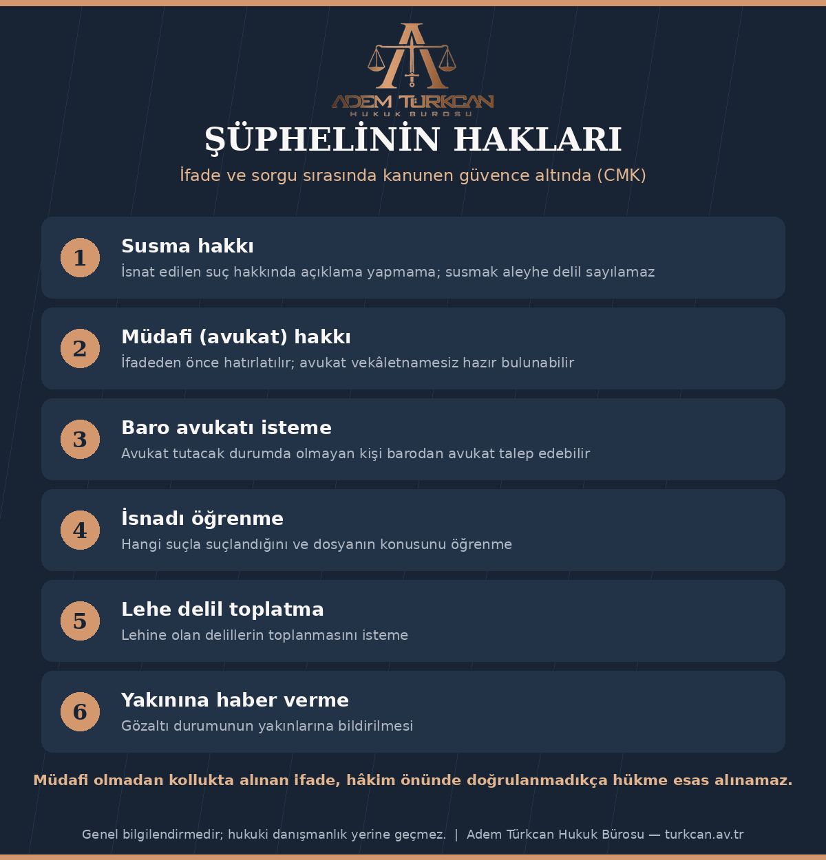 Şüphelinin ifade ve sorgudaki hakları: susma hakkı, müdafi hakkı, yakınına haber verme